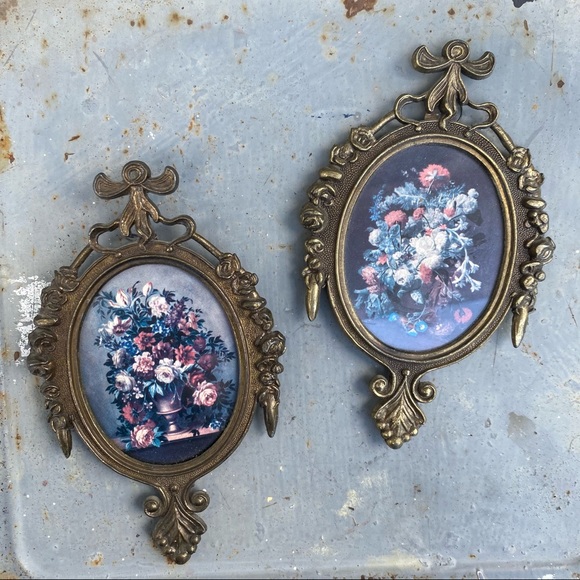 Gold Tone Ornate Framed Floral Pictures